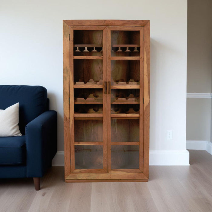 HomeRoots 42-inch brown solid wood and glass wine cabinet with four shelves, ideal for elegant storage and display.