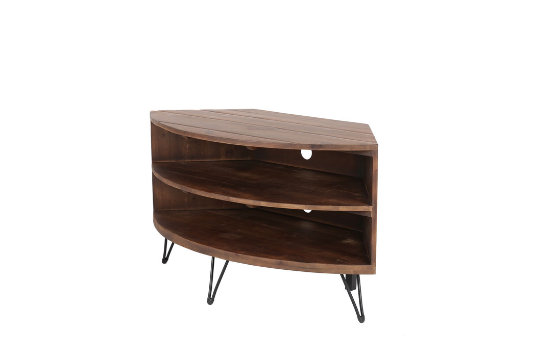 Giga fan-shaped reclaimed wood corner TV stand with natural finish, designed for living rooms to maximize space.