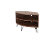 Giga fan-shaped reclaimed wood corner TV stand with natural finish, designed for living rooms to maximize space.
