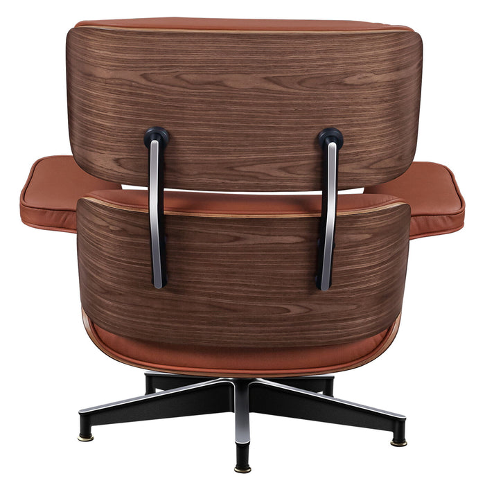 Light brown genuine leather tufted lounge chair with matching ottoman, walnut wood legs, and swivel base by HomeRoots.