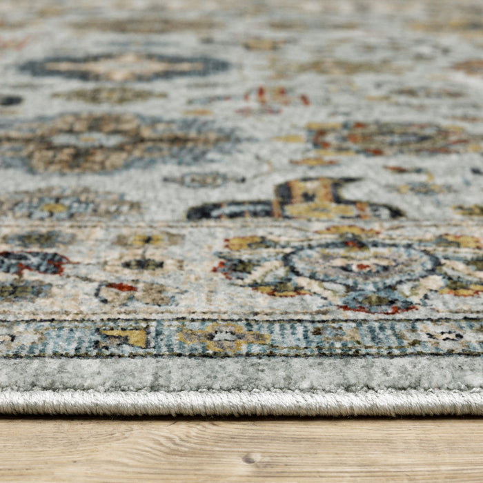 10' x 13' Oriental Power Loom Stain Resistant Area Rug With Fringe - Blue Beige Gray Green Yellow And Rust