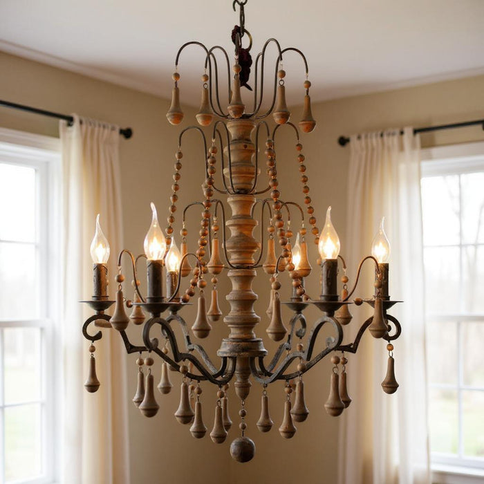 Candle Style Six Light Wood Chandelier - Brown