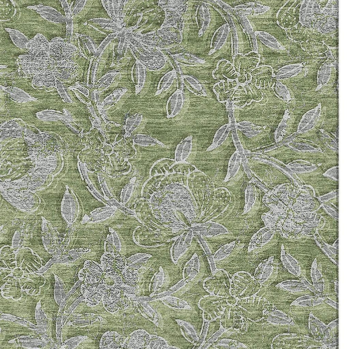 10' X 14' Floral Washable Area Rug With UV Protection - Olive Green And Gray