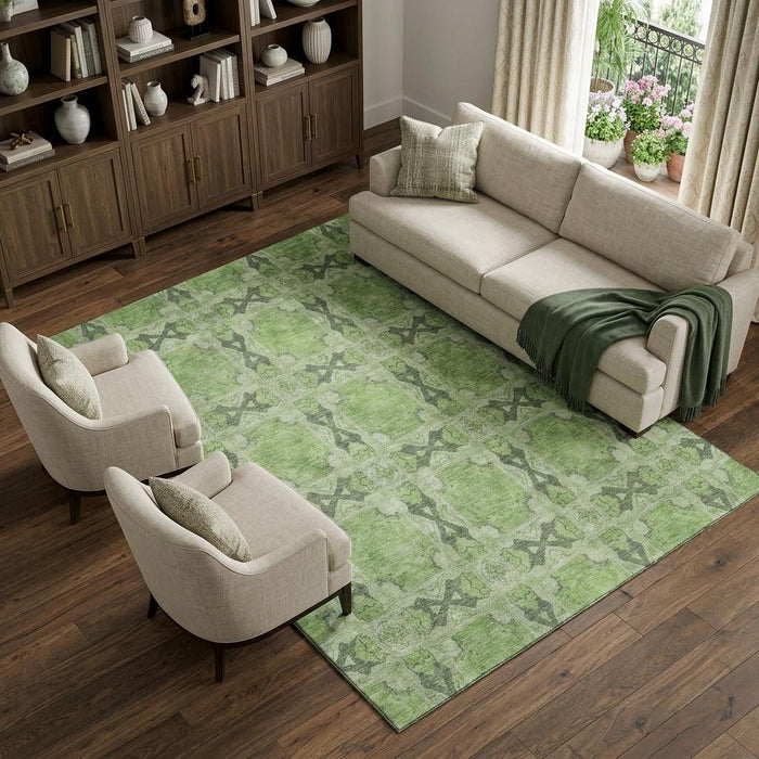 9' X 12' Floral Medallion Washable Area Rug With UV Protection (649491) - Green / Gray / Ivory