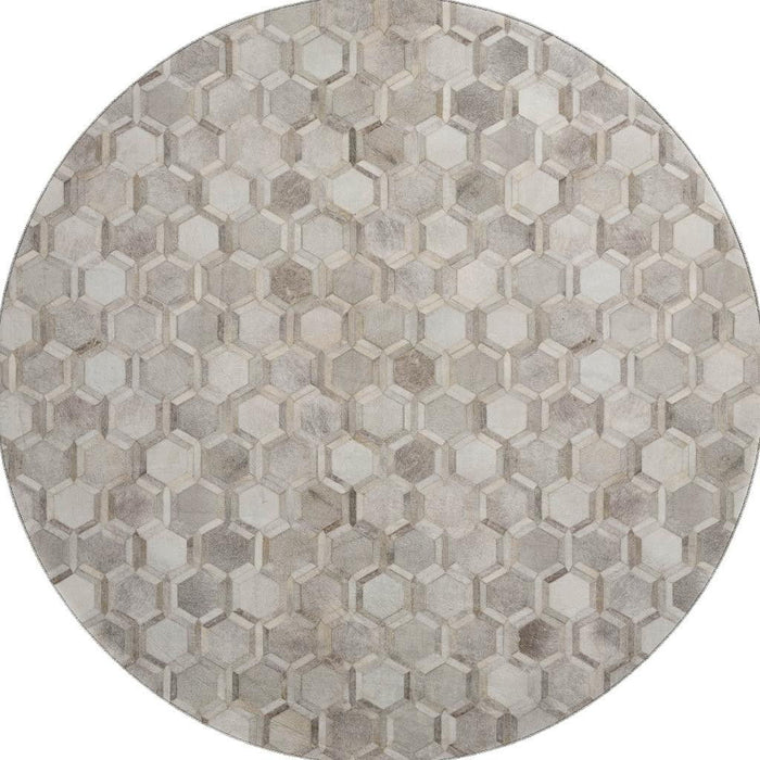 8' Geometric Washable Round Rug With UV Protection (644631) - Gray / Ivory / Beige