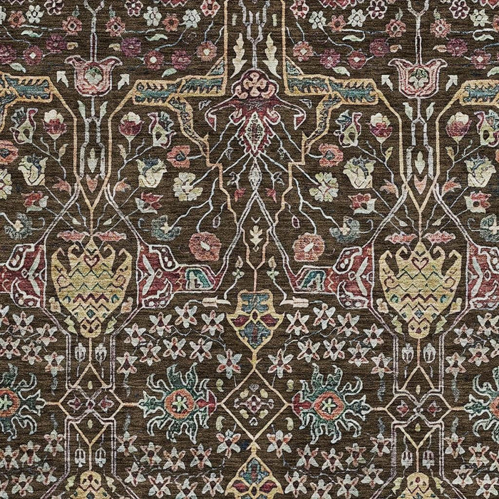 10' X 14' Floral Washable Area Rug With UV Protection (685994) - Chocolate / Gold / Teal