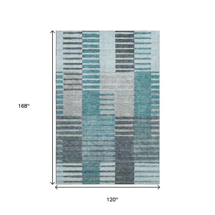 10' X 14' Striped Washable Area Rug With UV Protection (656274) - Teal / Ivory / Gray