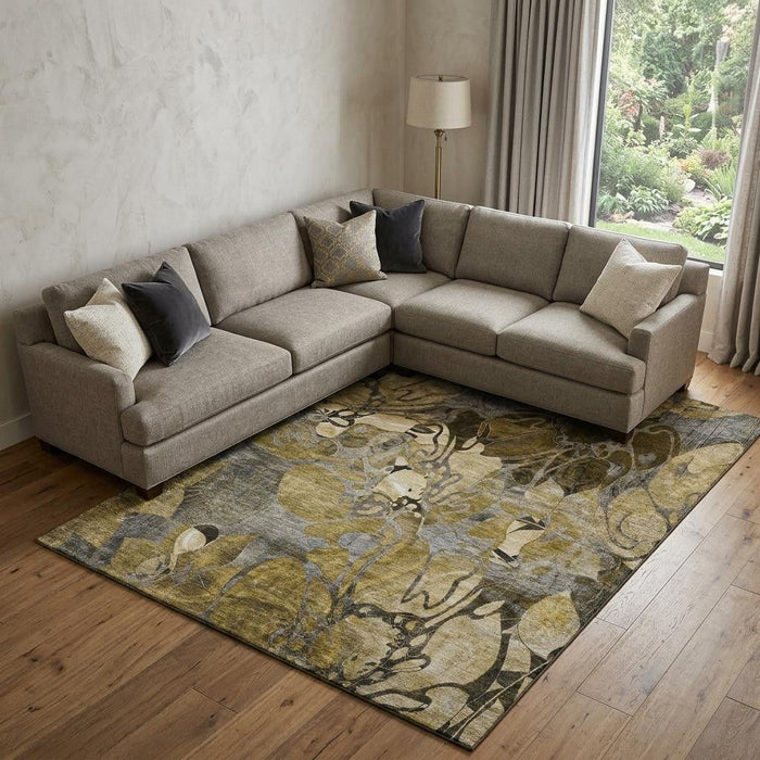 9' X 12' Abstract Distressed Washable Area Rug With UV Protection (648975) - Brown / Beige / Gold