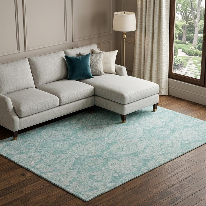 10' X 14' Damask Washable Area Rug With UV Protection (696356) - Aqua / Teal / Ivory