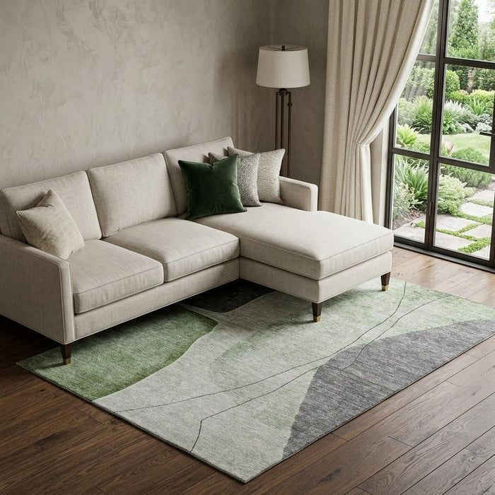 10' X 14' Abstract Washable Area Rug With UV Protection (656567) - Green / Gray / Ivory