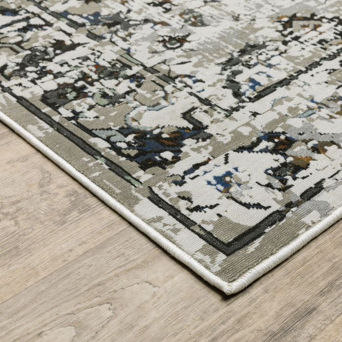 5.3' x 7.6' Oriental Power Loom Stain Resistant Area Rug - Ivory Charcoal Grey Blue Rust Gold And Brown