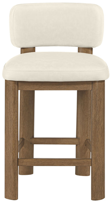 Set of two Meridian Furniture Paloma faux leather counter stools with brown frames, upholstered seating, and modern design.