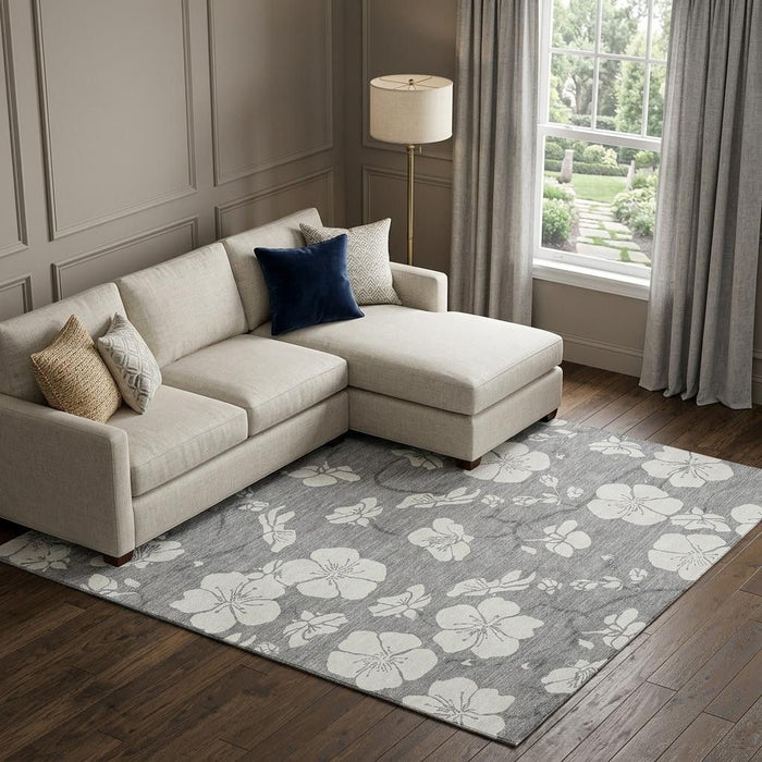 10' X 14' Floral Washable Area Rug With UV Protection (681041) - Gray / Ivory
