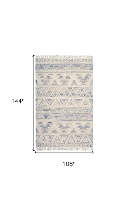 9' x 12' Wool Geometric Flatweave Handmade Area Rug With Fringe - Blue And Ivory