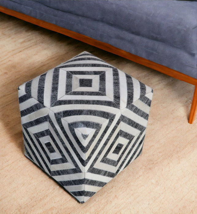 Hair on Hide Cube Geometric Pouf Ottoman - Dark Gray And Ivory