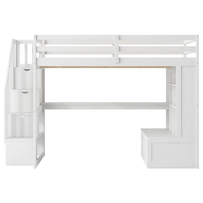 White Giga full size loft bed with integrated desk, shelves, two drawers, and storage staircase, ideal for compact bedrooms.