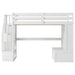 White Giga full size loft bed with integrated desk, shelves, two drawers, and storage staircase, ideal for compact bedrooms.