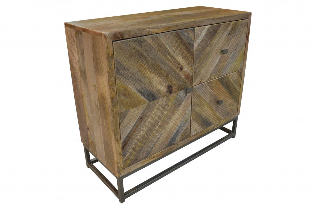 Solid wood accent chest by HomeRoots with door and shelves in shades of natural brown, showcasing craftsmanship and storage space.
