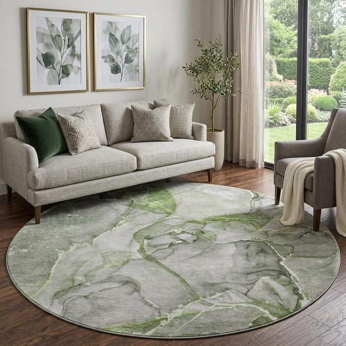 8' Abstract Washable Round Rug With UV Protection (647269) - Green / Ivory