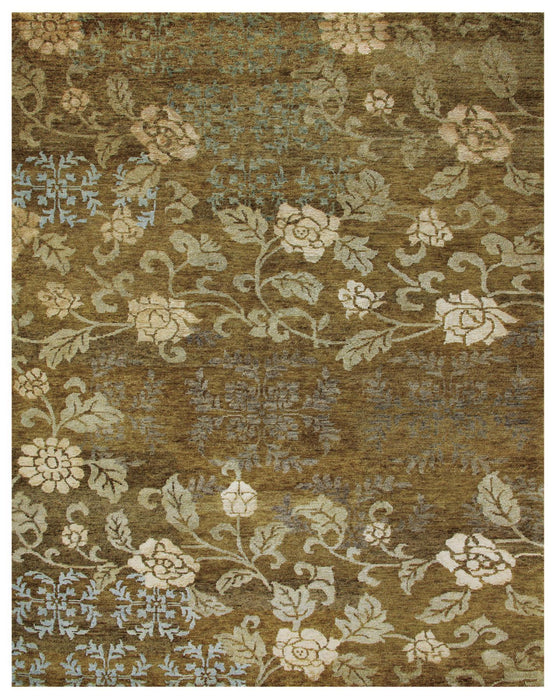 9' X 12' Floral Hand Knotted Area Rug (744334) - Brown / Green / Blue