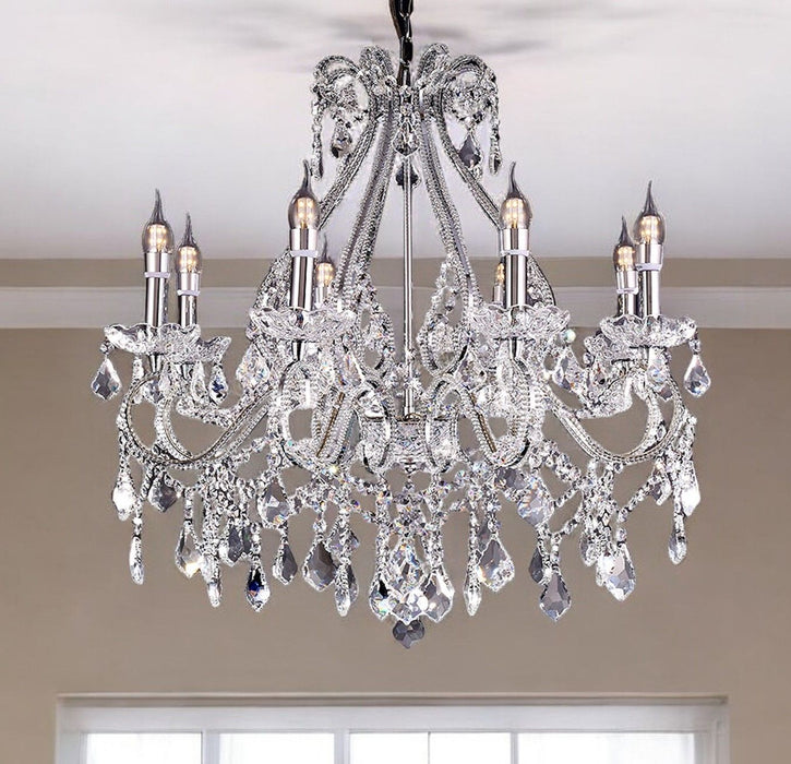 HomeRoots empire-style eight-light chandelier with transparent glass shades, nickel finish, and LED bulbs, ideal for elegant ceiling lighting.