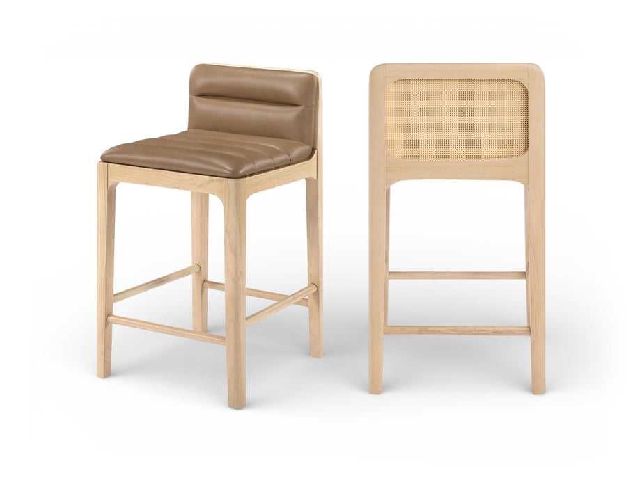 Set of two Meridian Furniture Ellis vegan leather counter stools with tan upholstery, featuring a sleek, upholstered design.