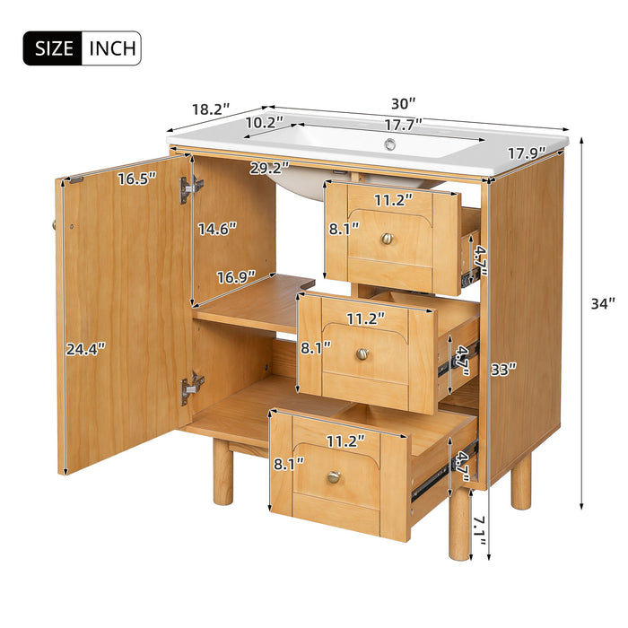 Giga bathroom vanity with sink, 3 drawers, soft-close door, crafted from natural wood, modern storage solution for bathrooms