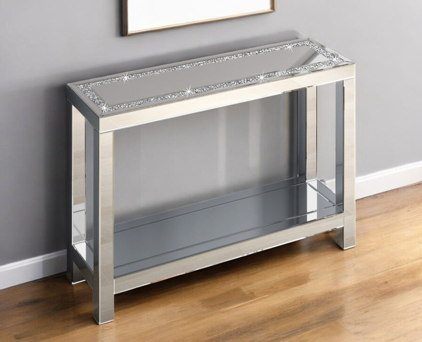 47" Mirro Glass And Faux Crystals Console Table With Shelf - Silver