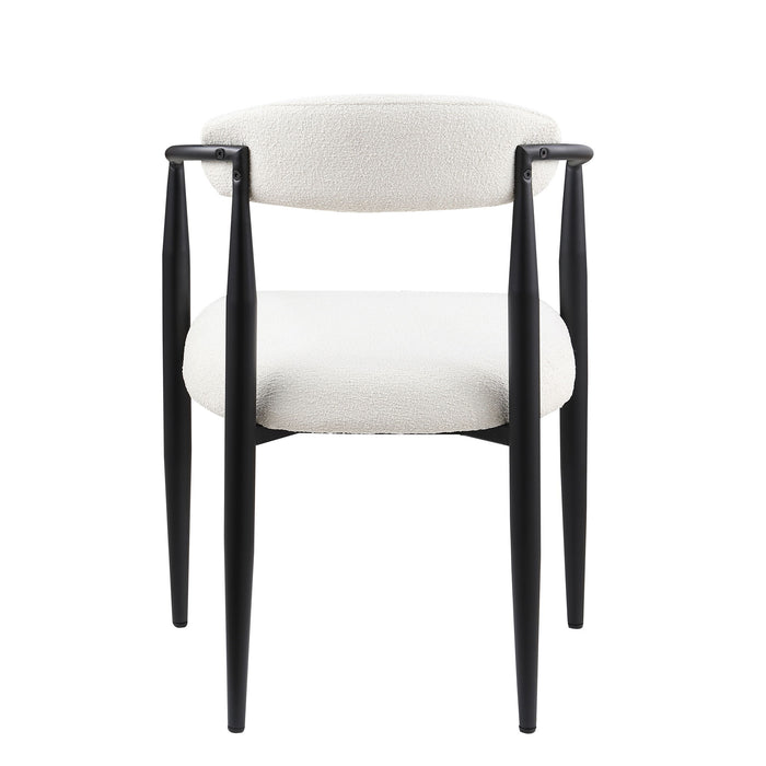 Set of 2 Giga mid-century modern dining chairs with boucle backrests, Sherpa upholstery, and metal legs for kitchen or dining room.
