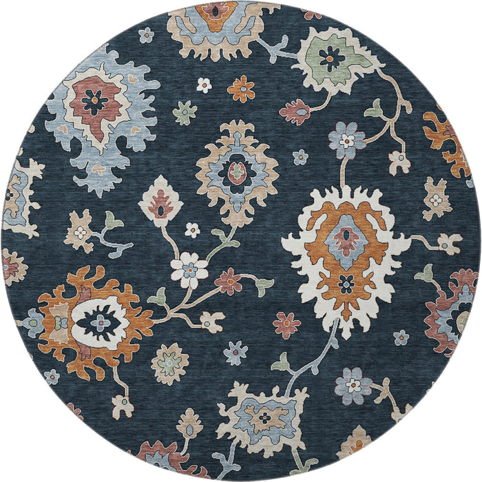 8' Floral Medallion Washable Round Rug With UV Protection - Black