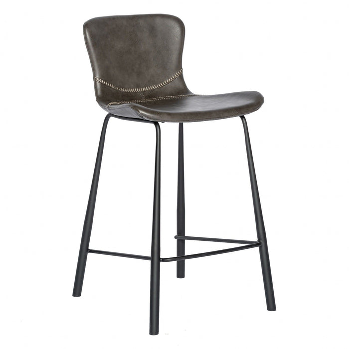 Set of two gray and black steel low back counter height bar chairs with metal frames and cushioned seats.