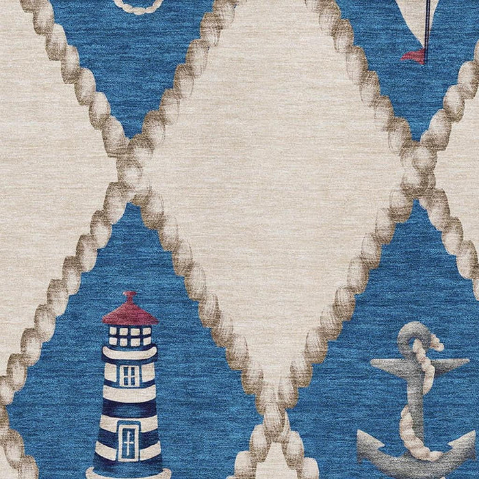 8' X 10' Nautical Washable Area Rug With UV Protection - Ivory And Red