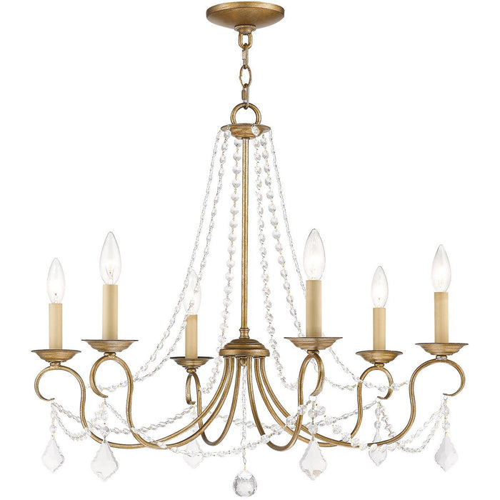 HomeRoots 24-inch antique gold six-light chandelier with shades, dimmable elegant lighting fixture for dining or living rooms.