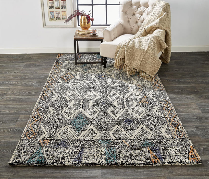 8' x 11' Wool Geometric Handmade Distressed Area Rug - Black And Ivory