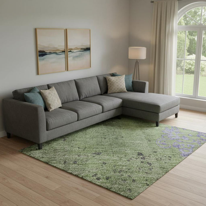 10' X 14' Floral Washable Area Rug With UV Protection (701407) - Artichoke Green / Purple