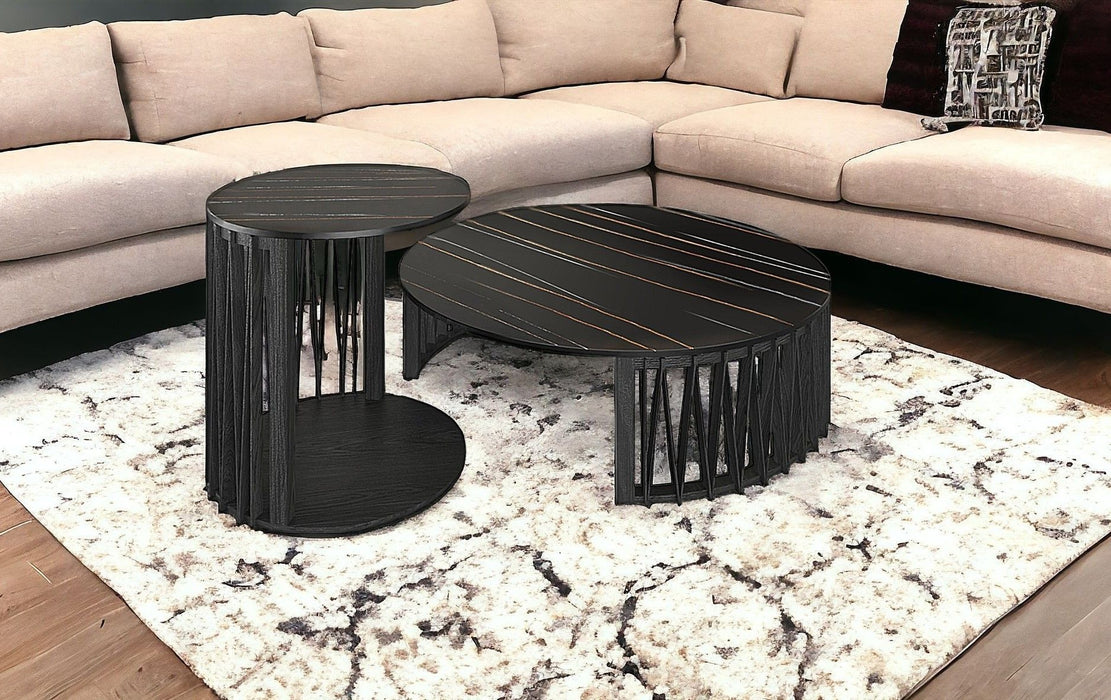 Marble And Solid Wood Round Nested Coffee Tables - Black