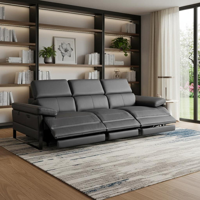 Top Grain Leather Reclining Metal USB Sofa (720332) - Dark Gray