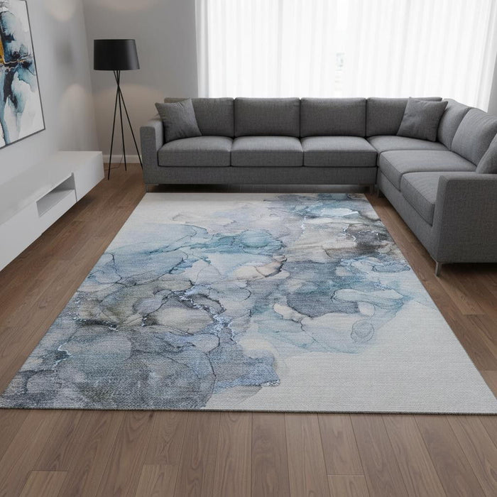 10' X 14' Abstract Washable Area Rug With UV Protection (647296) - Blue / Gray / Ivory