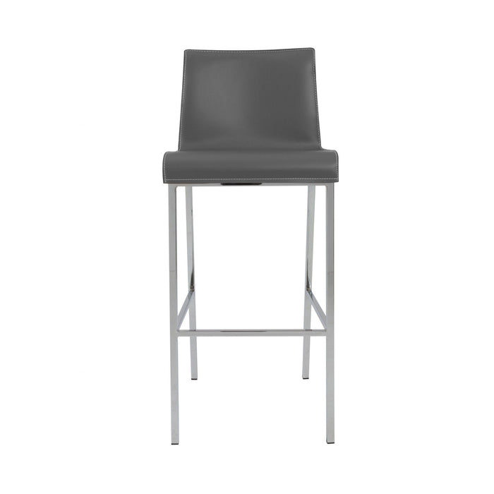 Set of 2 gray and silver 31-inch steel low back bar height chairs by HomeRoots, featuring modern design and sturdy metal construction.