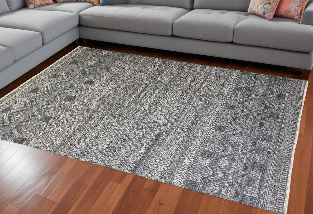 12' x 15' Geometric Hand Knotted Area Rug - Gray Ivory And Blue
