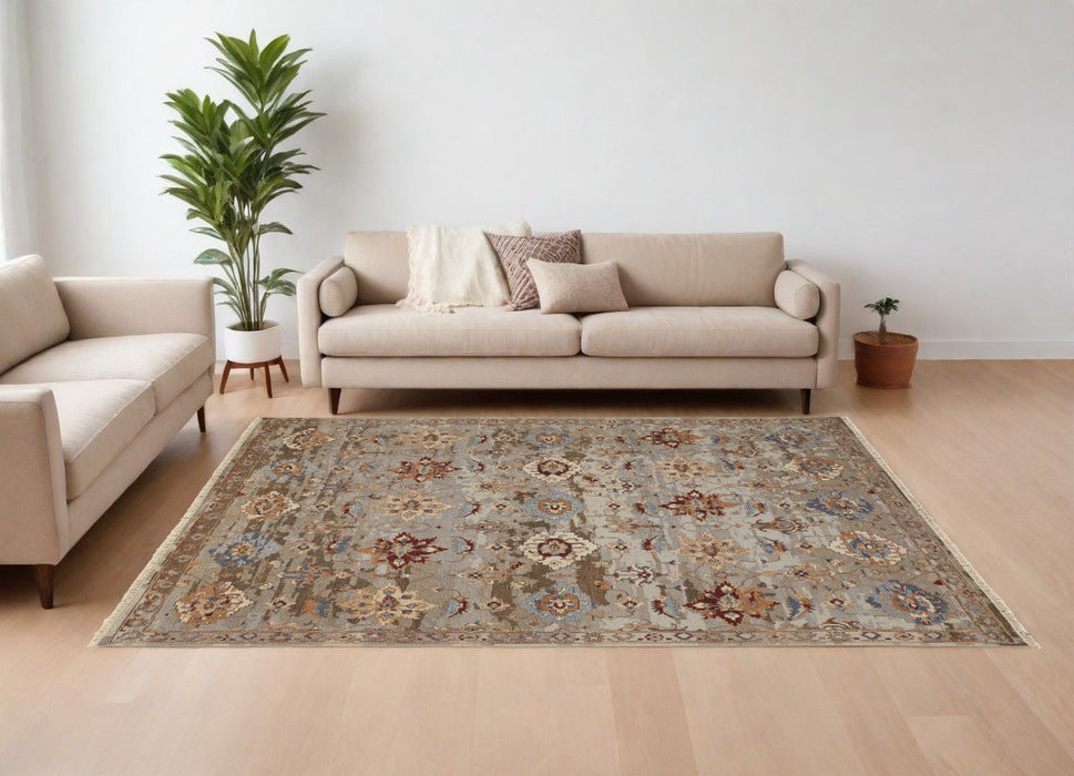 12' x 15' Wool Floral Hand Knotted Area Rug With Fringe - Tan Brown And Gray