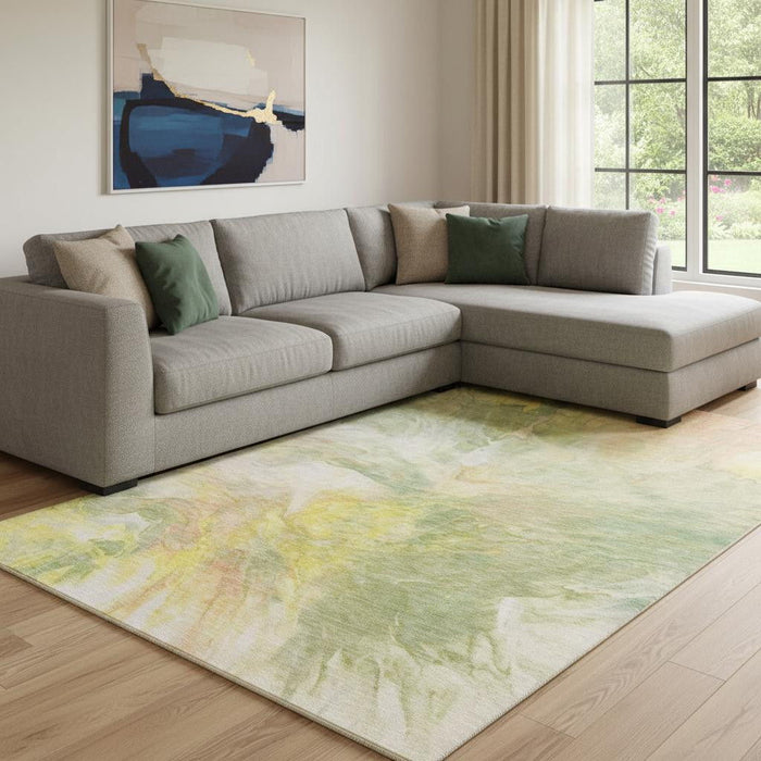 9' X 12' Abstract Washable Area Rug With UV Protection (653487) - Green / Peach / Yellow