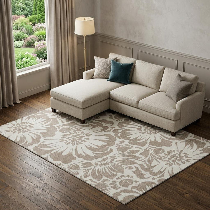 10' X 14' Floral Washable Area Rug With UV Protection (648706) - Taupe / Ivory