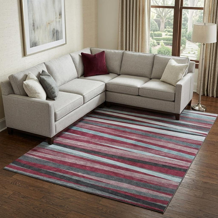 10' X 14' Striped Washable Area Rug With UV Protection (678472) - Burgundy / Gray / Ivory