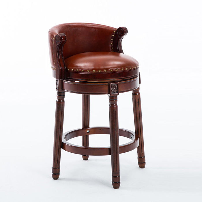 Giga wooden bar stool with 26-inch seat height, swivel feature, backrest, suitable for home kitchen counters, in natural wood finish.
