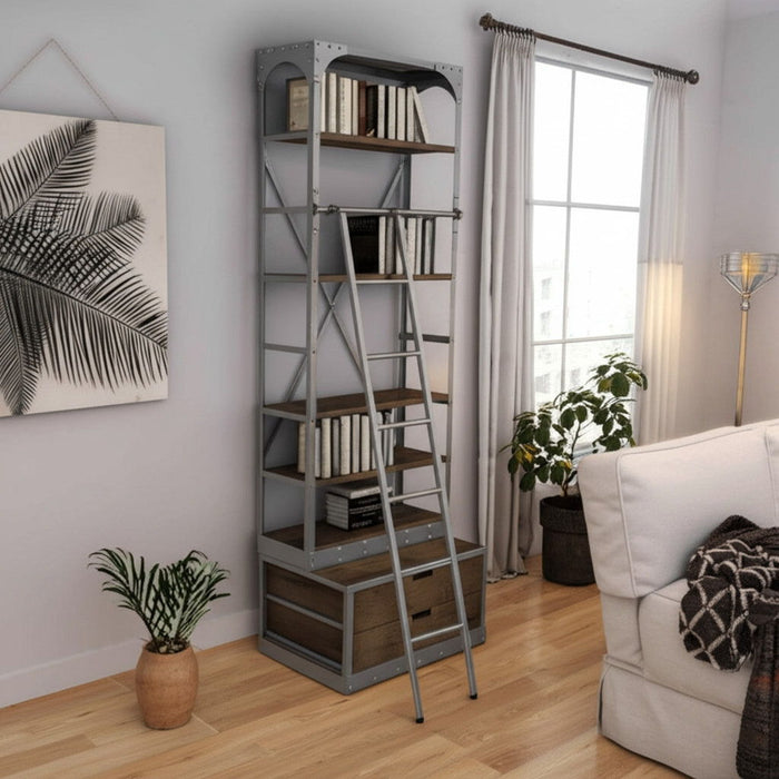 Five Tier Library Bookcase With Two Drawers - Light Brown / Nickel