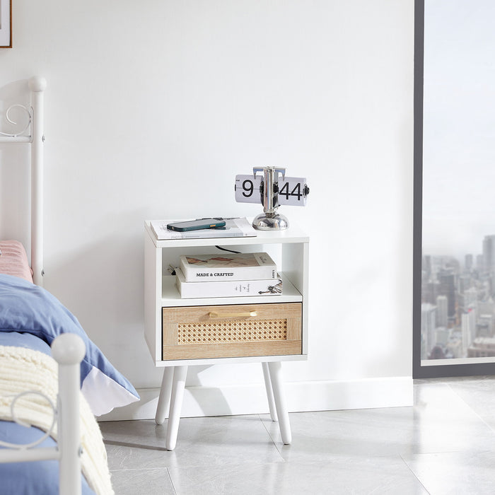 Modern rattan end table with power outlet, USB ports, drawer, and solid wood legs, perfect as a nightstand or side table for living room or bedroom.