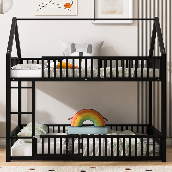 Giga Metal House Bunk Bed with safety fence and door, featuring a playful house design and sturdy metal frame.