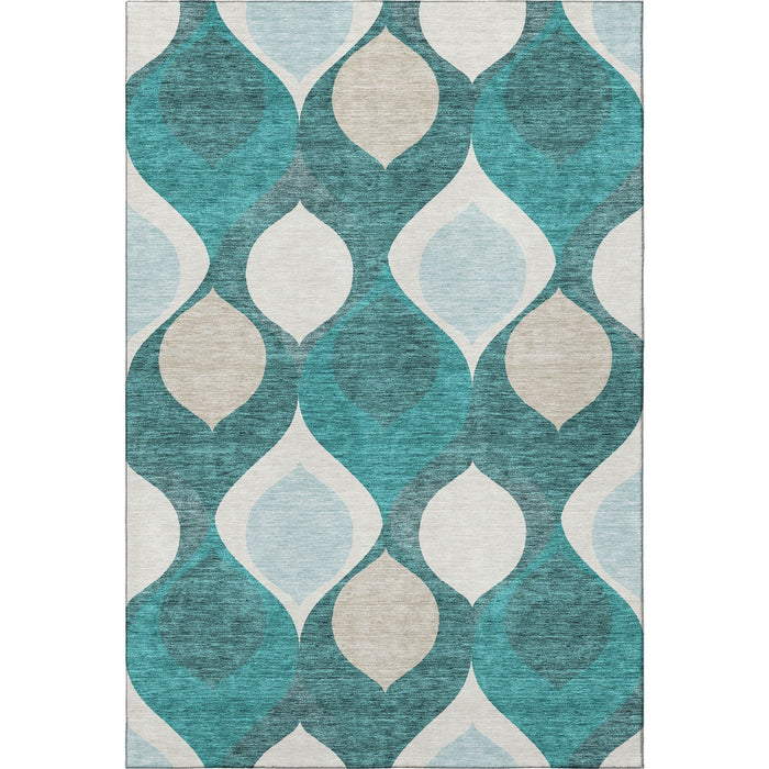 9' X 12' Ogee Washable Area Rug With UV Protection - Teal And Ivory