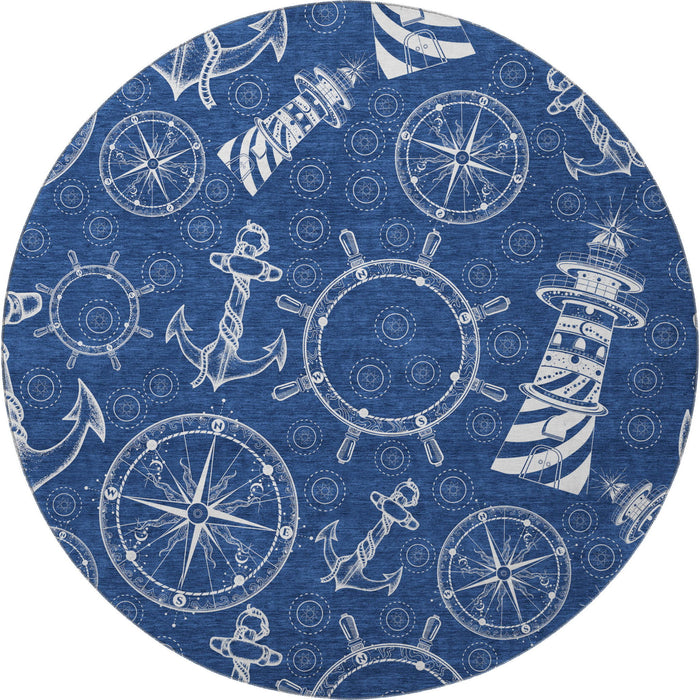8' Nautical Washable Round Rug With UV Protection - Navy Blue And Ivory